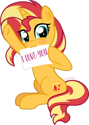 Size: 5000x7006 | Tagged: safe, artist:n0kkun, sunset shimmer, pony, unicorn, g4, absurd resolution, blushing, cute, female, mare, mouth hold, raised hoof, shimmerbetes, sign, simple background, sitting, transparent background, vector