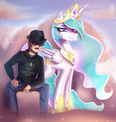 Size: 2016x2128 | Tagged: safe, artist:opal_radiance, princess celestia, oc, oc:kertz, alicorn, human, pony, g4, clothes, cloud, cloudsdale, commission, crown, duo, duo male and female, electronic gems, facial hair, female, hat, high res, hoof shoes, human oc, jewelry, lithuanian, male, mare, moustache, necklace, pants, peytral, regalia, shoes, sitting, smiling, sunglasses