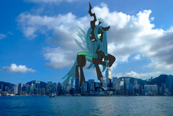 Size: 1024x683 | Tagged: safe, artist:90sigma, artist:thegiantponyfan, queen chrysalis, changeling, changeling queen, g4, crown, female, giant changeling, giantess, highrise ponies, hong kong, irl, jewelry, looking at you, macro, mega giant, photo, ponies in real life, regalia, smiling, solo