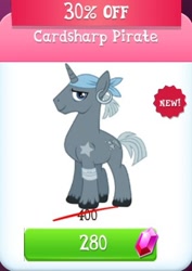 Size: 321x454 | Tagged: safe, gameloft, idw, screencap, seachest, pony, unicorn, g4, my little pony: magic princess, bandage, bandana, blue eyes, cardship pirate, game screencap, gem, gray coat, gray mane, gray tail, idw showified, male, piercing, pirate, stallion