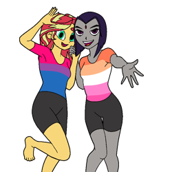 Size: 768x768 | Tagged: safe, artist:thatradhedgehog, sunset shimmer, human, equestria girls, g4, barefoot, bisexual pride flag, clothes, compression shorts, crossover, crossover shipping, dc comics, feet, female, lesbian, lesbian pride flag, pride, pride flag, raven (dc comics), shimrav, shipping, shorts, simple background, teen titans, transparent background