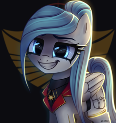Size: 2016x2128 | Tagged: safe, artist:opal_radiance, oc, oc only, oc:opal rosamond, pegasus, pony, clothes, eyebrows, female, grin, happy, high res, looking at you, mare, military uniform, pegasus oc, signature, smiling, smiling at you, solar empire, solo, uniform