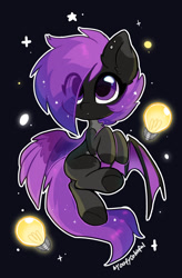 Size: 1413x2157 | Tagged: safe, artist:oofycolorful, oc, oc only, oc:astral bulb, bat pony, hybrid, pegabat, pegasus, pony, abstract background, bat pony oc, chest fluff, commission, cute, eye clipping through hair, female, floating, hair over one eye, lightbulb, solo