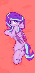 Size: 712x1488 | Tagged: safe, artist:coraline0101, artist:little-sketches, starlight glimmer, alicorn, bat pony, bat pony alicorn, pony, g4, alicornified, base used, bat wings, bed sheets, commission, concave belly, female, floppy ears, glimbat, horn, looking at you, looking back, looking back at you, mare, missing cutie mark, race swap, solo, species swap, starlicorn, wings, ych result