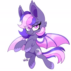 Size: 2048x2048 | Tagged: safe, artist:wutanimations, oc, oc only, oc:midnight mist, bat pony, pony, bat pony oc, bedroom eyes, commission, ear fluff, female, flying, high res, looking at you, signature, simple background, spread wings, white background, wings