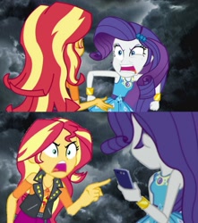 Size: 1870x2113 | Tagged: safe, rarity, sunset shimmer, human, equestria girls, equestria girls series, forgotten friendship, g4, rollercoaster of friendship, text support, text support: rarity, angry, cellphone, geode of empathy, geode of shielding, magical geodes, meltdown, phone, pointing, rage, rageset shimmer, rarirage, rarisnap, rarity peplum dress, yelling