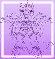 Size: 1114x1203 | Tagged: safe, artist:nancher, oc, oc only, alicorn, anthro, unguligrade anthro, alicorn oc, clothes, corset, eyelashes, female, gradient background, horn, jewelry, smiling, solo, spread wings, tiara, wings