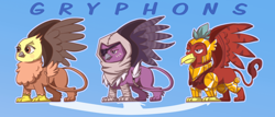 Size: 1000x429 | Tagged: safe, artist:missnook, griffon, armor, beak, clothes, eyepatch, hood, quadrupedal, simple background, spread wings, tail, text, trio, wings