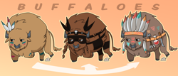 Size: 1000x429 | Tagged: safe, artist:missnook, bison, buffalo, arrow, braid, brown fur, cloven hooves, feather, headdress, knife, mask, potion, simple background, trio