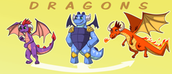 Size: 1000x429 | Tagged: safe, artist:missnook, dragon, bipedal, fire, fire breath, simple background, text, trio, wings