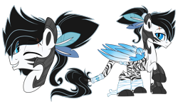 Size: 1654x947 | Tagged: safe, artist:lupulrafinat, oc, oc only, hybrid, pegasus, pony, sphinx, duo, feather, grin, male, one eye closed, pegasus oc, raised hoof, simple background, smiling, sphinx oc, stallion, stripes, transparent background, wink