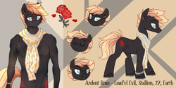 Size: 2493x1244 | Tagged: safe, artist:lupulrafinat, oc, oc only, earth pony, pony, anthro, abstract background, anthro with ponies, bust, clothes, earth pony oc, flower, lidded eyes, male, rose, scarf, stallion