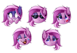 Size: 2000x1382 | Tagged: safe, artist:lupulrafinat, oc, oc only, oc:wild dawn, hybrid, blowing a kiss, bust, crying, duckface, ear tufts, emoji, facial expressions, female, head only, laughing, lidded eyes, makeup, mare, paws, shocked, simple background, sticker set, sunglasses, tears of laughter, transparent background, unamused, white eyes, ych example, your character here, 😂, 😎