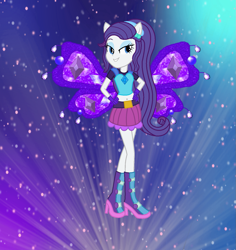Size: 1297x1376 | Tagged: safe, artist:ketrin29, artist:user15432, rarity, fairy, human, equestria girls, g4, alternate hairstyle, barely eqg related, base used, believix, belly button, belt, boots, clothes, crossover, diamond, ear piercing, earring, element of generosity, fairy wings, fairyized, female, gloves, gradient background, hand on hip, headband, high heel boots, high heels, jewelry, looking away, piercing, ponied up, purple wings, shoes, smiling, solo, sparkly background, sparkly wings, wings, winx, winx club, winxified