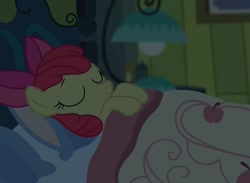 Size: 720x528 | Tagged: safe, artist:shungire, apple bloom, earth pony, pony, fanfic:let her in, g4, bed, bedroom, female, filly, foal, sleeping, smiling, solo