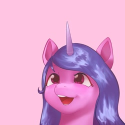 Size: 1600x1600 | Tagged: safe, artist:pascal571, izzy moonbow, pony, unicorn, g5, bust, cute, eyebrows, female, izzybetes, mare, open mouth, open smile, pink background, simple background, smiling, solo