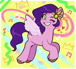 Size: 1820x1663 | Tagged: safe, artist:bunnyuelos, pipp petals, pegasus, pony, g5, abstract background, one eye closed, smiling, solo, wink