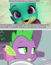 Size: 1052x1336 | Tagged: safe, edit, screencap, sparky sparkeroni, spike, dragon, a rockhoof and a hard place, g4, g5, my little pony: make your mark, my little pony: make your mark chapter 1, spoiler:g5, spoiler:my little pony: make your mark, :3, baby, baby dragon, chalkboard, male, misspelling, mouthpiece, newspaper, op is a duck, op is on drugs, op is trying to start shit, op is trying to start shit so badly that it's kinda funny, open mouth, reaction image, solo, strawman, winged spike, wings