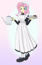 Size: 1422x2224 | Tagged: safe, artist:batipin, fluttershy, human, equestria girls, g4, cake, clothes, female, fluttermaid, food, gradient background, maid, simple background, solo