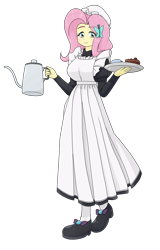 Size: 1422x2224 | Tagged: safe, alternate version, artist:batipin, fluttershy, human, equestria girls, g4, cake, clothes, female, fluttermaid, food, gradient background, maid, simple background, solo, transparent background