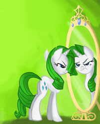 Size: 802x997 | Tagged: safe, artist:jowyb, edit, rarity, pony, unicorn, g4, alternate hair color, butt, cropped, female, frown, green hair, horn, mare, mirror, plot, rarity is not amused, reflection, solo, unamused