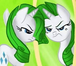 Size: 720x632 | Tagged: safe, artist:jowyb, edit, rarity, pony, unicorn, g4, alternate hair color, cropped, female, frown, green hair, horn, mare, mirror, rarity is not amused, reflection, unamused