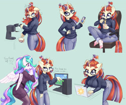 Size: 3076x2560 | Tagged: safe, artist:dstears, moondancer, princess celestia, alicorn, unicorn, anthro, plantigrade anthro, g4, ass, breasts, business suit, busty moondancer, butt, cellphone, clothes, coffee, coffee machine, coffee mug, computer, crossed legs, ear fluff, female, floppy ears, food, glasses, gray background, grumpy, high res, jeans, laptop computer, looking at you, looking back, looking back at you, messy mane, missing shoes, monitor, mug, nail polish, nails, noodles, office, office lady, open mouth, pants, phone, ramen, simple background, sitting, skirt, smartphone, socks, stocking feet, sweater, talking, turtleneck, working