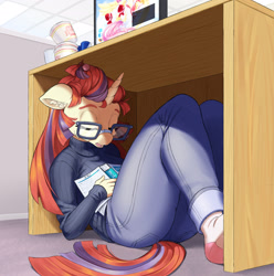 Size: 1920x1934 | Tagged: safe, artist:dstears, fluttershy, moondancer, pegasus, unicorn, anthro, plantigrade anthro, breasts, clothes, cute, dancerbetes, ear fluff, eyes closed, floppy ears, food, glasses, jeans, missing shoes, monitor, noodles, open mouth, pants, puella magi madoka magica, ramen, sleeping, socks, stocking feet, sweater, turtleneck