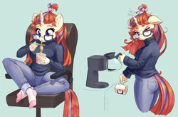 Size: 1522x1000 | Tagged: safe, artist:dstears, moondancer, unicorn, anthro, plantigrade anthro, g4, ass, breasts, busty moondancer, butt, clothes, coffee, coffee machine, coffee mug, crossed legs, cute, dancerbetes, ear fluff, eating, feet, female, floppy ears, food, glasses, grumpy, jeans, looking at you, looking back, looking back at you, messy mane, missing shoes, morning ponies, mug, nerd, noodles, pants, ramen, ramen face, simple background, sitting, socks, solo, stocking feet, sweater, turtleneck