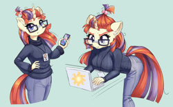 Size: 1608x1000 | Tagged: safe, artist:dstears, moondancer, unicorn, anthro, plantigrade anthro, g4, ass, breasts, busty moondancer, butt, cellphone, clothes, computer, ear fluff, female, glasses, gray background, id card, jeans, laptop computer, looking at you, pants, phone, simple background, smartphone, solo, sweater, turtleneck, working