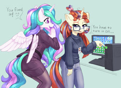Size: 1400x1021 | Tagged: safe, artist:dstears, moondancer, princess celestia, alicorn, unicorn, anthro, plantigrade anthro, g4, ass, breasts, business suit, busty moondancer, butt, clothes, computer, duo, ear fluff, exasperated, female, glasses, gray background, id card, jeans, monitor, moondancer is not amused, nail polish, nails, office, open mouth, pants, pantyhose, simple background, skirt, sweater, tech support, turtleneck, unamused
