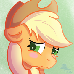 Size: 1000x1000 | Tagged: safe, artist:exobass, applejack, earth pony, pony, g4, applejack's hat, blushing, bust, cowboy hat, embarrassed, female, floppy ears, hat, looking away, solo