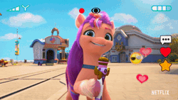 Size: 400x225 | Tagged: safe, screencap, sunny starscout, earth pony, pony, g5, my little pony: make your mark, my little pony: make your mark chapter 1, spoiler:g5, spoiler:my little pony: make your mark, animated, cute, emoji, female, gif, magnetic hooves, mane stripe sunny, mare, maretime bay, microphone, open mouth, recording, smiling, solo, sunnybetes