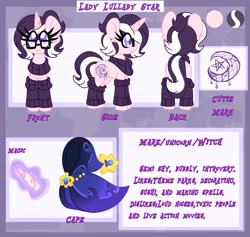 Size: 1920x1818 | Tagged: safe, artist:ladylullabystar, oc, oc:lullaby star, pony, unicorn, alternate design, cloak, clothes, female, leg warmers, mare, reference sheet, solo