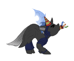 Size: 1280x1052 | Tagged: safe, artist:lil_vampirecj, oc, oc only, oc:captain black lotus, changeling, pony, armor, cape, changeling armor, changeling oc, clothes, commission, eyes closed, hat, party hat, party horn, party popper, simple background, solo, spread wings, transparent background, wings, ych result