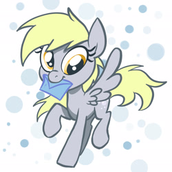 Size: 2048x2048 | Tagged: safe, artist:pfeffaroo, derpy hooves, pegasus, pony, g4, abstract background, female, full body, high res, hooves, letter, mare, mouth hold, raised hoof, raised leg, solo, spread wings, wings