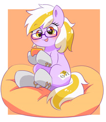 Size: 2943x3390 | Tagged: safe, artist:leo19969525, oc, oc only, earth pony, pony, blushing, clothes, controller, cute, earth pony oc, eyebrows, eyebrows visible through hair, female, glasses, hair, high res, hoof hold, mare, ocbetes, open mouth, open smile, orange background, simple background, sitting, smiling, socks, solo, tail, two toned mane, two toned tail