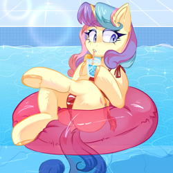 Size: 1000x1000 | Tagged: safe, artist:thieftea, oc, oc only, pony, unicorn, clothes, crossed legs, drink, drinking straw, female, inner tube, mare, solo, swimming pool, swimsuit, underhoof, water