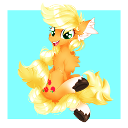 Size: 2500x2500 | Tagged: safe, artist:rurihal, applejack, earth pony, pony, g4, abstract background, chest fluff, cute, ear fluff, high res, hoof fluff, jackabetes, leg fluff, open mouth