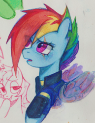 Size: 1812x2344 | Tagged: safe, artist:oops pio, rainbow dash, pegasus, pony, g4, the cutie re-mark, alternate timeline, apocalypse dash, colored, crystal war timeline, marker drawing, metal wing, open mouth, prosthetic limb, prosthetic wing, scar, solo, torn ear, traditional art, wings