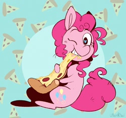 Size: 1701x1585 | Tagged: safe, artist:urbanqhoul, pinkie pie, earth pony, pony, g4, cute, diapinkes, eating, female, food, heart eyes, mare, meat, one eye closed, pepperoni, pepperoni pizza, pizza, ponies eating meat, solo, wingding eyes