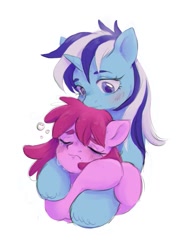 Size: 929x1200 | Tagged: safe, artist:kotletova97, berry punch, berryshine, minuette, earth pony, pony, unicorn, g4, blushing, crying, drunk, drunk bubbles, female, go home you're drunk, hug, lesbian, mare, ship:berrygate, shipping, simple background, white background