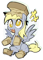 Size: 360x496 | Tagged: safe, artist:tikovka_pumpkin, derpy hooves, pegasus, pony, g4, luna eclipsed, clothes, colored pupils, costume, cute, derpabetes, female, mare, nightmare night costume, open mouth, paper bag, paper bag wizard, simple background, sitting, solo, white background
