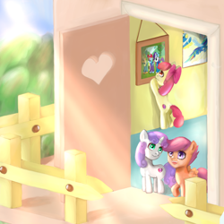 Size: 1000x1000 | Tagged: safe, artist:moment029, apple bloom, applejack, rainbow dash, rarity, scootaloo, sweetie belle, earth pony, pegasus, pony, unicorn, butt, clubhouse, crusaders clubhouse, cutie mark crusaders, female, filly, foal, mare, photo, plot, wonderbolts