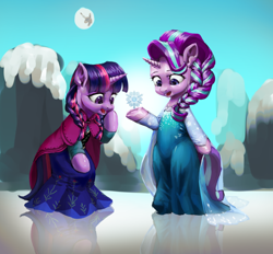 Size: 1926x1790 | Tagged: source needed, safe, artist:zzugguri, nightmare moon, starlight glimmer, twilight sparkle, unicorn, semi-anthro, g4, anna, arm hooves, bipedal, clothes, crossover, dress, duo, elsa, frozen (movie), mare in the moon, moon, snow, snowflake