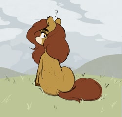 Size: 1011x971 | Tagged: safe, artist:somefrigginnerd, oc, oc:pencil test, earth pony, pony, back freckles, ear piercing, earth pony oc, female, freckles, grass, hill, looking back, outdoors, overcast, piercing, question mark, rear view, sitting, solo