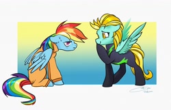 Size: 4061x2617 | Tagged: safe, artist:opalacorn, lightning dust, rainbow dash, pegasus, pony, g4, clothes, commission, commissioner:rainbowdash69, duo, duo female, female, laughing, never doubt rainbowdash69's involvement, prison outfit, prisoner rd, sitting, standing, tail, uniform, washouts uniform, wings