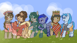 Size: 1920x1080 | Tagged: safe, artist:metaruscarlet, oc, oc only, oc:ligaya, oc:malie pawwai/riptide, oc:maria reyes, oc:reyna (filipino), oc:shaiana morris/aqua marine, oc:silent shot, earth pony, original species, pegasus, pony, shark, shark pony, boots, choker, clothes, cloud, converse, crown, cute, dress, ear piercing, earring, eyebrow piercing, eyes closed, feather, female, field, filipino, grass, grin, headdress, hoodie, jacket, jewelry, looking at each other, looking at someone, mare, necklace, open mouth, philippines, piercing, ponified, ponified oc, raised hoof, regalia, shirt, shoes, shorts, skirt, sky, smiling, socks, sunglasses, superhero, tank top, tattoo, tooth