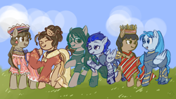 Size: 1920x1080 | Tagged: safe, alternate version, artist:metaruscarlet, oc, oc only, oc:ligaya, oc:malie pawwai/riptide, oc:maria reyes, oc:reyna (filipino), oc:shaiana morris/aqua marine, oc:silent shot, earth pony, original species, pegasus, pony, shark, shark pony, armor, boots, choker, clothes, cloud, crown, cute, dress, ear piercing, earring, eyebrow piercing, eyes closed, feather, female, field, filipino, fins, grass, grin, headdress, jacket, jewelry, looking at each other, looking at someone, mare, necklace, open mouth, philippines, piercing, ponified, ponified oc, raised hoof, regalia, shirt, shoes, shorts, skirt, sky, smiling, sunglasses, superhero, tank top, tattoo