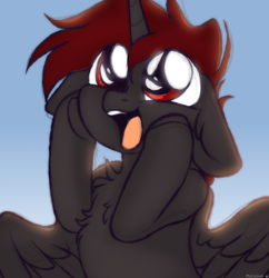 Size: 2004x2071 | Tagged: safe, artist:mariashek, oc, oc only, oc:hardy, alicorn, pony, alicorn oc, chest fluff, floppy ears, happy, high res, hooves on cheeks, horn, open mouth, open smile, shiny eyes, smiling, solo, wings